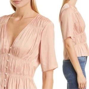 Frame Denim Shirred V Neck Blouse Pink